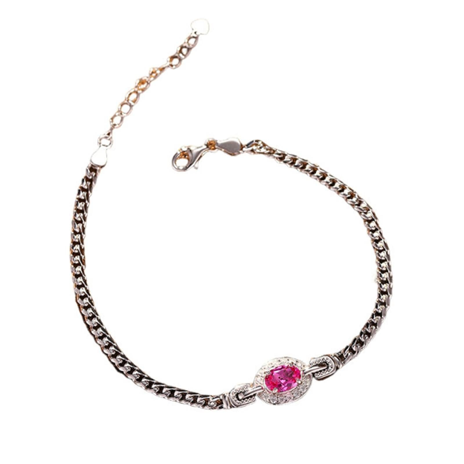 Pulsera de Oro Blanco Mujer 9 Kilates / 14 Kilates / 18 Kilates, Oval con Zafiro Rosa Creado de 1,2 ct y Moissanita, Cadena Extensible 16 CM + 5 CM, Pulseras para Mujer Ajustable Plata Rosa