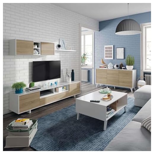 Miroytengo Conjunto Completo de Salón/Comedor con Bonito Estilo Moderno en Color Blanco Brillo y Roble Canadian