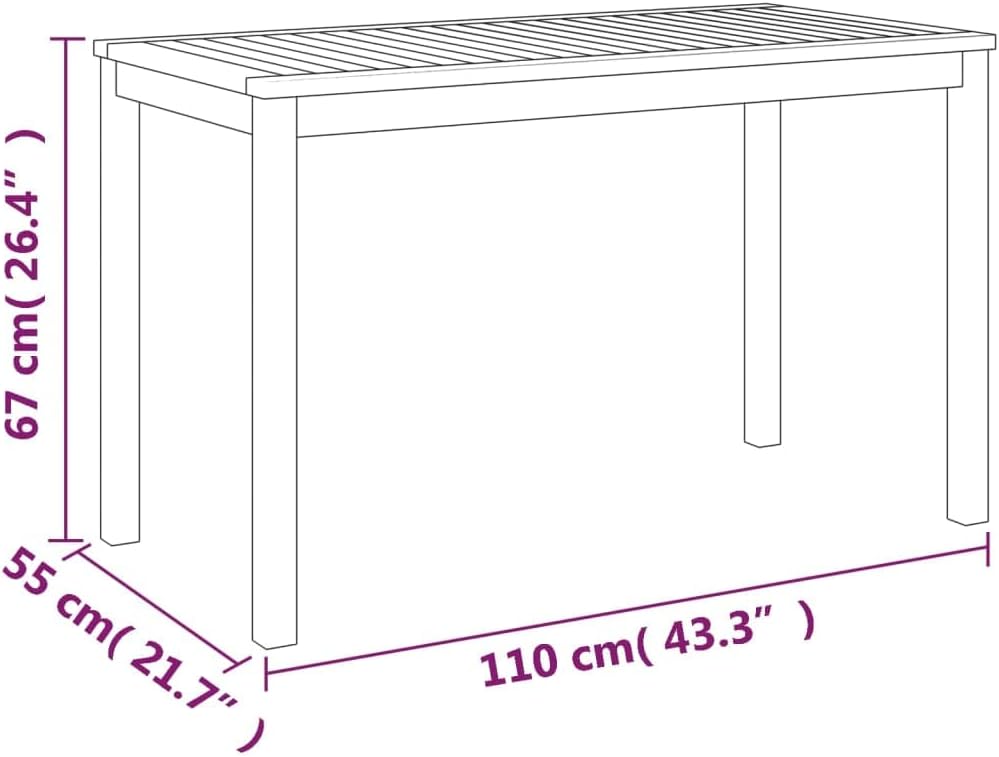 vidaXL Solid Acacia Wood Patio Table - Rectangular Outdoor Dining Furniture Perfect for Garden, Patio Alfresco Dining, 43.3" x 21.7" x 26.4" Dimensions, Brown Color
