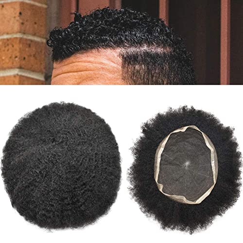 Afro Toupee for Black Men 8X10 All Transparent French Lace Kinky Curly Human Hair African American Mens Replacement System Wigs (Afro Wavy 4mm, #1B Natural Black)