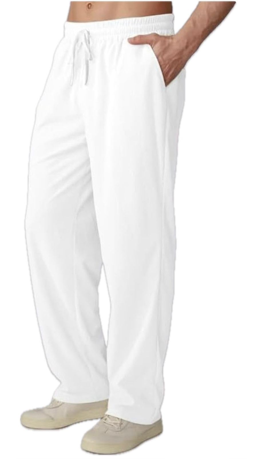 Men's White Casual Loose Fit Trousers with Drawstring Elastic Waist and Side Pockets-picture-46