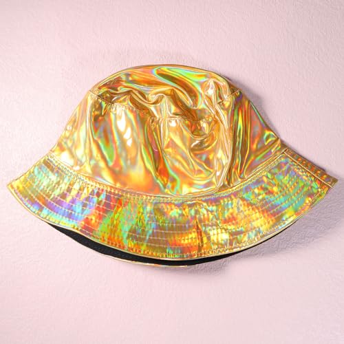 Image of Unisex Black Bucket Hat Waterproof Rain Hat Reversible Shiny Rave Bucket Hat for Concert Festival