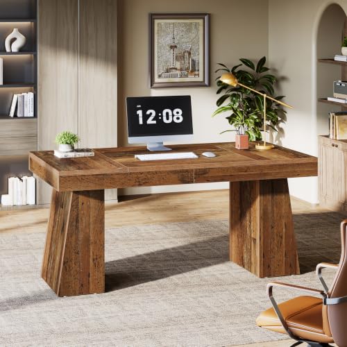 Image of Tribesigns 55-Inch Executive Desk, Thick Wood Office Computer Desk with Double Pedestal, Modern Minimalist Workstations Writing Table Conference Table Furniture for Home Office, Walnut Finish