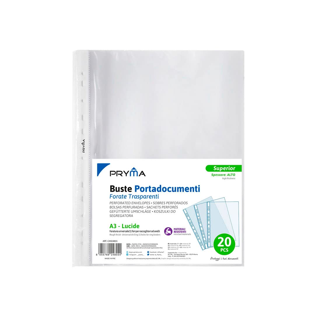 PRYMA Buste Forate A3 30x42 cm Trasparenti Lucide per Raccoglitori Protezione Documenti 20 pezzi