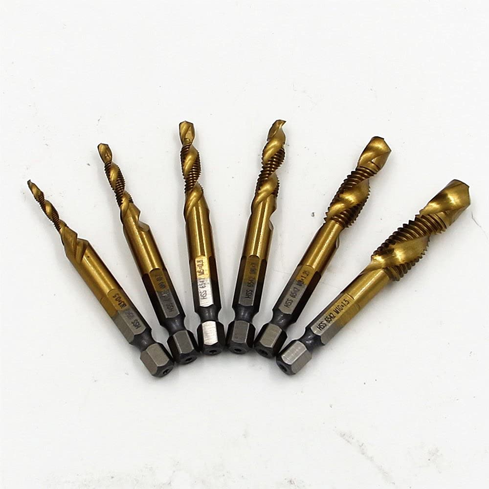 ELEOPTION Drill Tap Combination Bit Set, 6 Piece Drill Tap Spiral Point Thread Deburr Countersink Hex Bit HSS 1/4 Shank (HSS -6542)