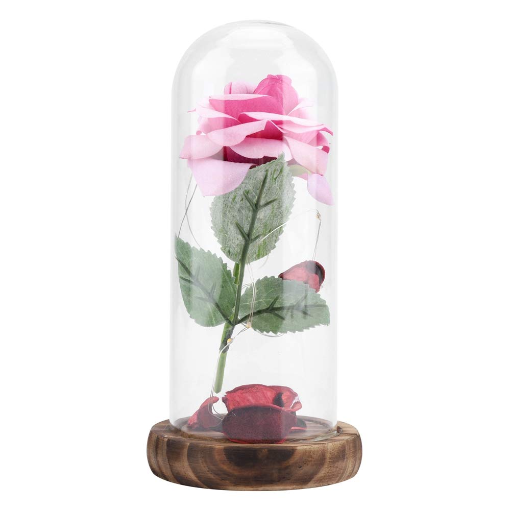 HUHULL Artificial Silk Rose Flower, Dome Glass Covered Roses Perpetual Flowers LED Light with Glass Cover and Wooden Base for Wedding Anniversary Valentines Day(B) B B