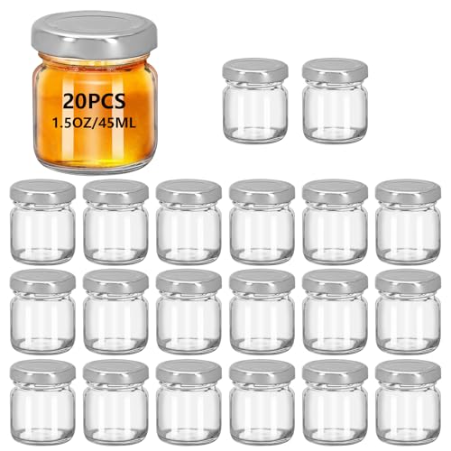 eispap 20Pack 1.5 oz Round Mini Clear Honey Jars for Wedding Favor, 45ml Small Glass Favor with Airtight Lids, Gift Jars, Sample Body Butter, Jam, Spices, Herbs, Candy, Candle (Silver cap)