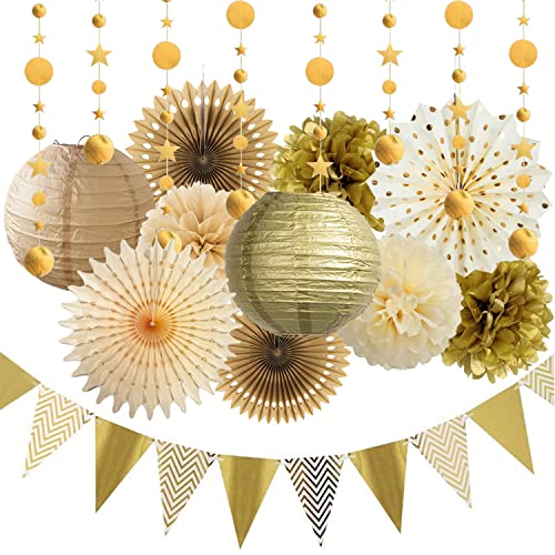 Decoración dorada para fiestas, abanicos de papel marrón crema, faroles de papel, pompones, banderines para bodas rústicas, neutros, baby shower, compromiso, cumpleaños, graduación, Navidad, Año