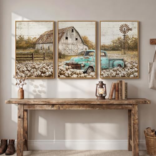 Set of 3 Framed Farmhouse Wall Art for Living Room, Large Vintage Barn Horizontal Landscape Canvas Prints, Rustic Retro Truck Cotton Field Wall Decor for Bedroom Dining Room Office Hallway 20x30 Inch
