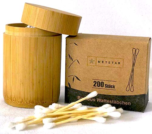 Preisvergleich Produktbild MEYSTAR Bambus Wattestäbchen + Aufbewahrungsbüchse aus Bambus + Nachfüllpaket Insgesamt 300 Q-Tips, biologisch abbaubar, vegan & plastikfrei I Für einen umweltfreundlichen Lebensstil