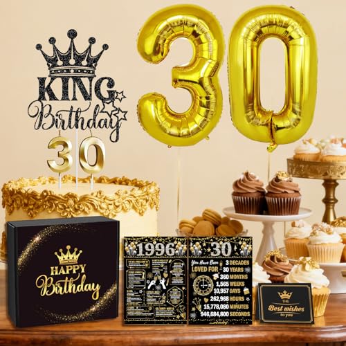 Hokinaa 30th Birthday Decorations for Him - King Black Gold Party Sash Crown Balloons Cake Topper Candles Gifts for Men Boyfriend Husband Brother Son Happy 30 Year Old Bday Backdrop Decor Supplies by Hokinaa - Used condition - Image 3