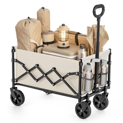 SONGMICS Chariot de Transport Pliable, Chariot de Campings, Compact, avec Poignée, 4 Roues Renforcées Dont 2 Roues Universelles, Extérieur, Jardin, Charge 180 kg, 90...
