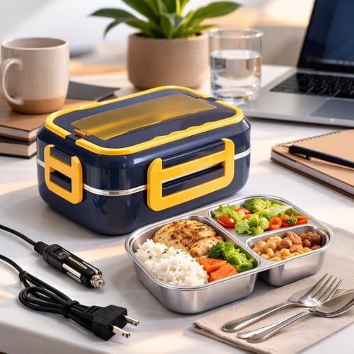 Marmita Elétrica Inox 3 Divisórias Lancheira Térmica 1,5L Bivolt 110v 220v e Veicular 12v para Carro Caminhão Uber Aquecedor de Comida Portátil Automática Profissional Kit com Talheres Inox