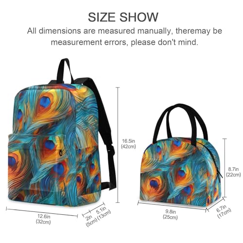Colorful Peacock Feather Lightweight Durable Student Backpack Set with Insulated Lunch Bag Large Capacity Kids Backpacks for Daily Use School Outdoor Travel Laptop Daypack 212146292