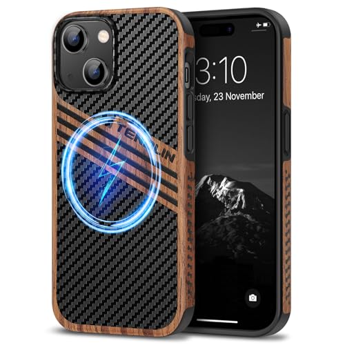 Coque magnétique iPhone 15 hybride antichoc avec dos effet bois et carbone