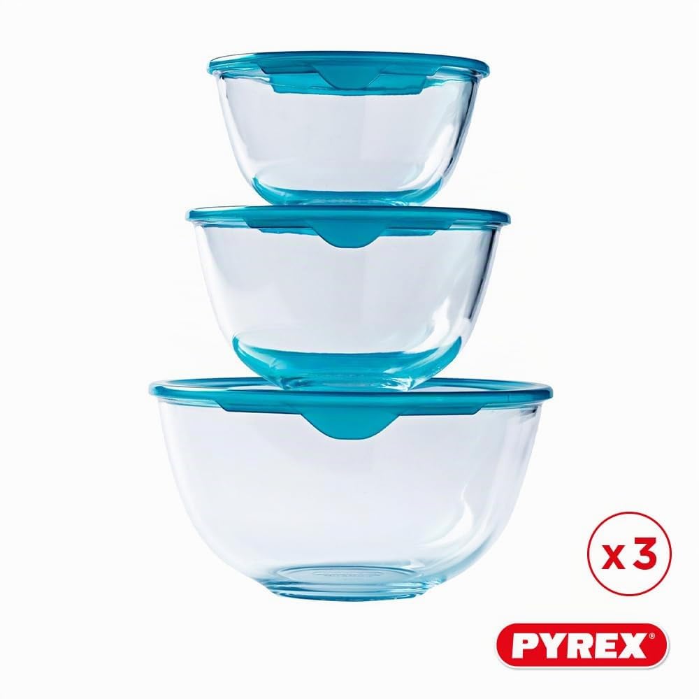 PYREX - Lot de 3 bols en verre résistants avec couvercle - 0,5L - 1L - 2L - Couvercles ergonomiques - Made in France