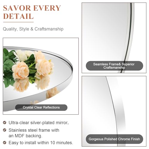 Image of Arch Mirror, 24 inch x 38 inch Arched Chrome Mirror in Stainless Steel Metal Frame, Chrome Bathroom Mirror for Wall, Arch Top Rounded Corner 1 inch Deep Set Design Wall Mount Hangs Vertical