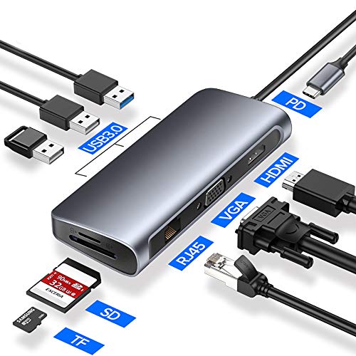 USB-C-Hub, 9-In-1 USB-C-Adapter Mit 4K USB C Bis HDMI, VGA, USB C Charging, 2 USB 3.0, SD/TF-Kartenleser, USB-C Auf 3,5 Mm, Gigabit Ethernet, USB C