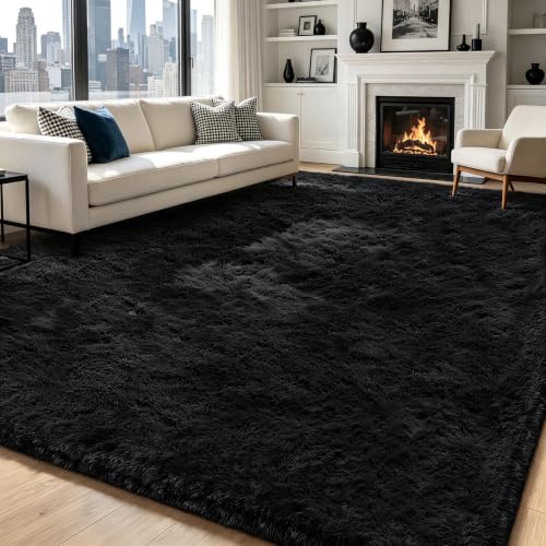 Black 9x12 Area Rugs for Living Room, Fluffy Shag Rug Large Bedroom Carpet