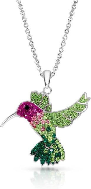 Colorful Flying Hummingbird Crystal Pendant Necklace Never Rust 925 Sterling Silver for Women, Girls & Teens, Natural & Hypoallergenic Chain with Free Breathtaking Gift Box for Special Moments of Love