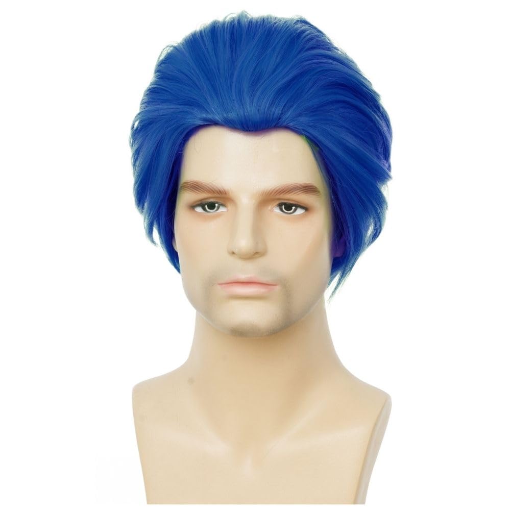 Salaibs Herren Blau Kurze Gerade Perücke Anime Synthetische Faser Cosplay Perücke Kostüm Perücke