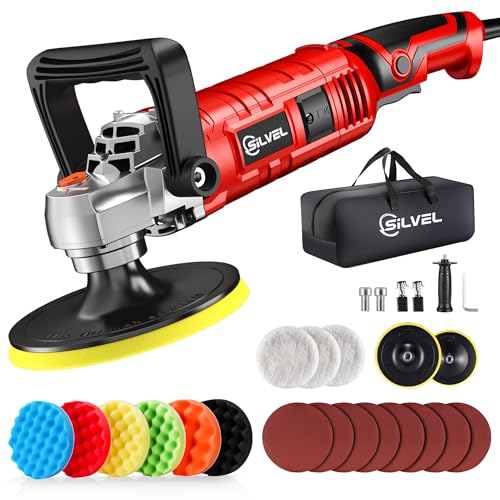 SILVEL Buffer Polisher, 1600W 7 Inch/6 Inch Polisher for Car Detailing, Wax Machine, 7 Variable Speed, with 6 Foam Pads, 3 Wool Pads, Packaging Bag, for Boat Polishing and Waxing