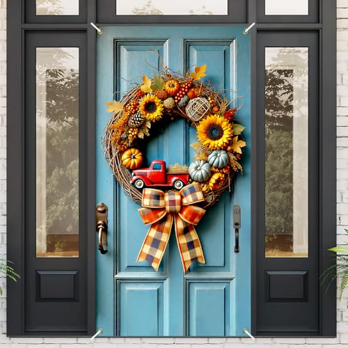 Image of Fall Red Truck Door Cover 35x71in Grapevine Sunflower