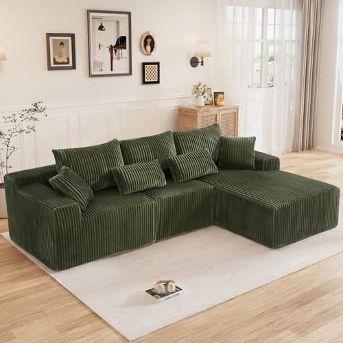 Image of 110 inch L Shaped Cloud Boneless Sectional Couches for Living Room, Modern Comfy Modular Deep Seat Memory Foam Compressed Corduroy Sofa Oversized Right Facing Chaise, No Assembly Required, Green