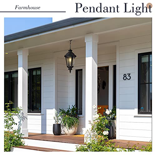 Image of Emliviar Vintage Farmhouse Outdoor Hanging Light Lantern, 25 Inch Large Exterior Pendant Light Ceiling Mount with Seeded Glass, Black Finish, XE265H BK