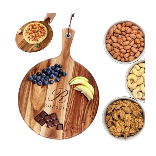 Tabla de pizza de madera tallada personalizada con asa, tabla de cortar redonda de texto personalizado, bandeja de servir charcutería de 40 x 30 cm, tabla de cortar personalizada, regalos de