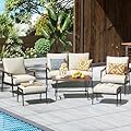 NATURAL EXPRESSIONS 6 Pieces Patio Furniture Set, Outdoor Furniture Sofa Sectional Modern Metal Patio Conversation Set with High Back Wicker Backrest & Loveseat for Balcony, Backyard, Deck, Porch