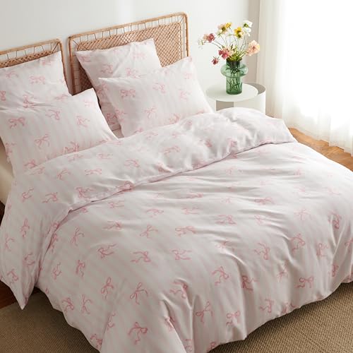 Image of Bow Duvet Cover Full Size Pink Striped Bowknot Bedding Set Kids Girls Cute Bows Vertical Stripes Soft Breathable Microfiber Comforter Cover Set with Zipper Closure and 2 Pillowcases