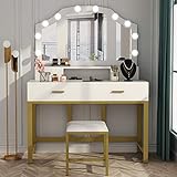 Tribesigns 47” Large Vanity Set with Tri-Folding Lighted Mirror, Elegant Makeup Table Vanity Dresser with 4 Drawers, 10 LED Lights and Cushioned Stool, Dressing Table for Girls Bedroom, White Gold