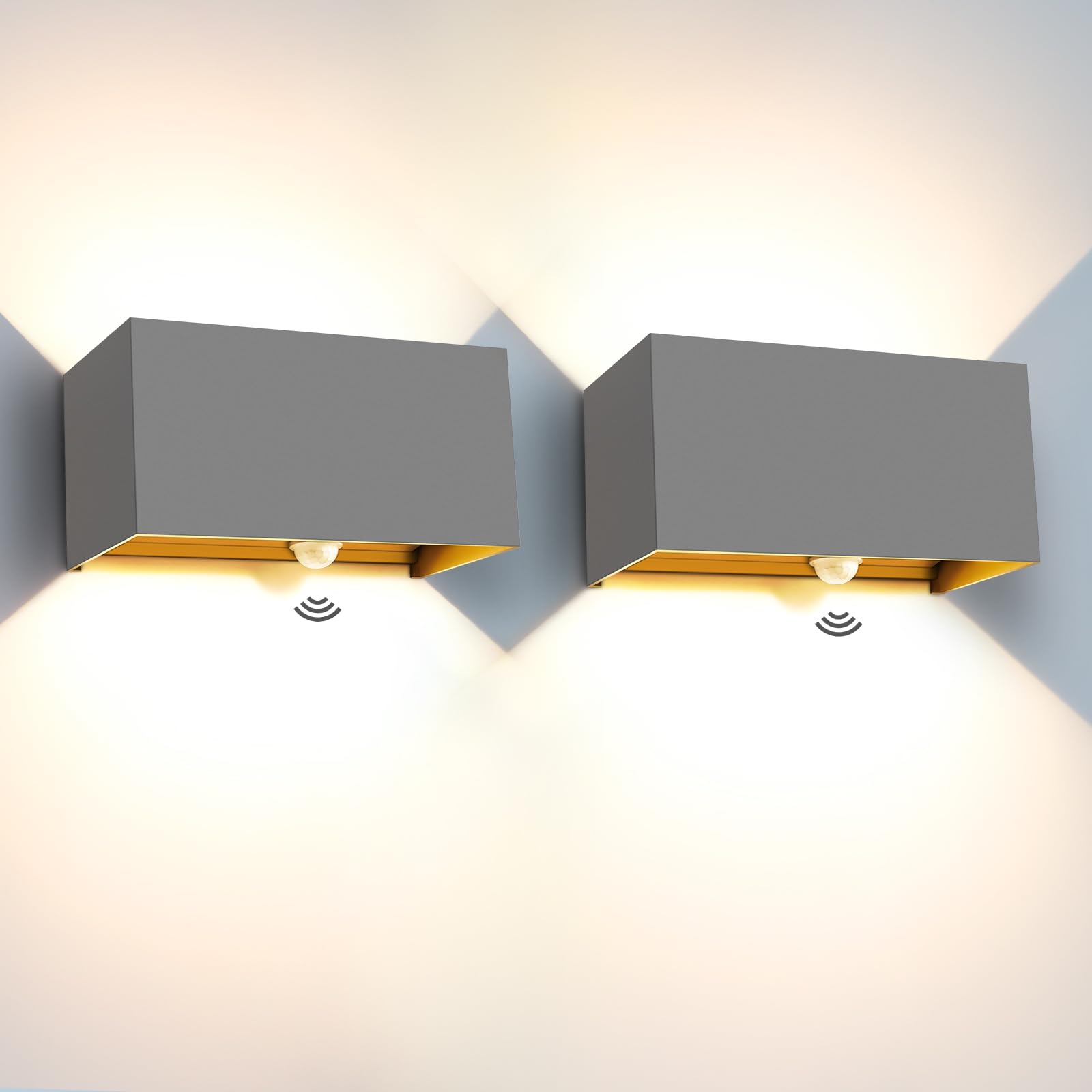 Kingwen 2 x 20 W LED Outdoor Wall Light with Motion Detector, 3000 K Warm White, Grey, IP65 Waterproof