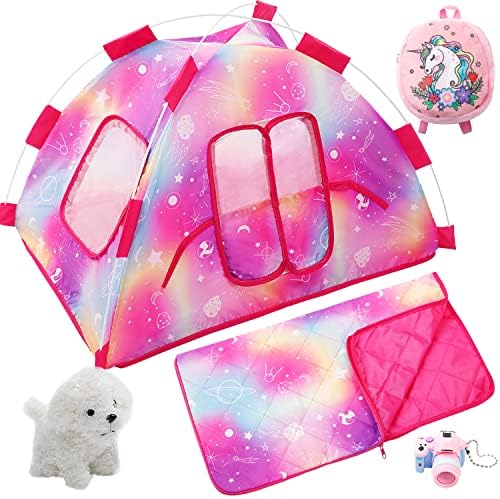 HOAKWA 18 Inch Dolls Camping Tent Accessories Set - Include Doll Camping Tent, Sleeping Bag, Camera, Doll Backpack, Toy Dog - 18" Doll Accessories Fits My Life, Generation, Journey Dolls
