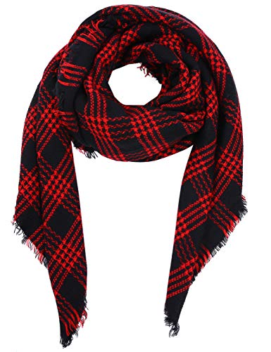 Bess Bridal Women's Plaid Blanket Winter Scarf Warm Cozy Tartan Wrap Oversized Shawl Cape (One Size, Red and Black)