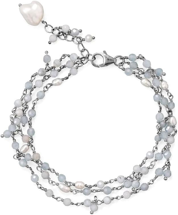 925 Sterling Silver 18 Inch + 2 Inch Three Strand Aquamarine and Cultured Freshwater Pearl Necklace 18 Strand for Women