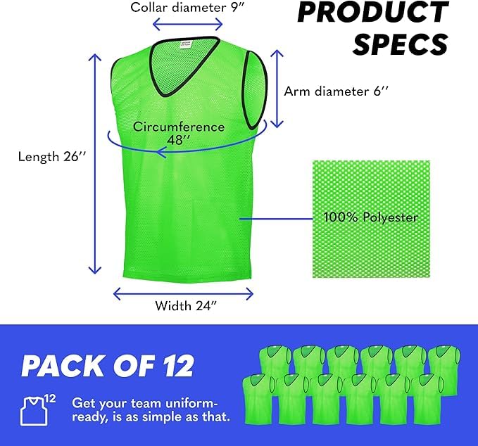 Image of GSi Sports Pinnies - Packs of 6 or 12 - Free Size - Mesh Training Vests for Soccer, Basketball - 6 Color Options