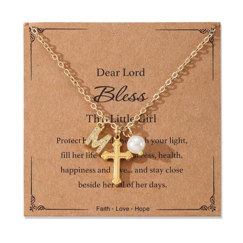 Collier croix perles et initiale de A à Z pour communion fille