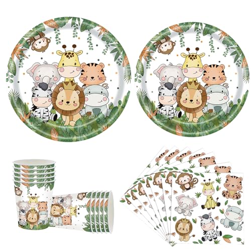 Jungle Safari Party Geschirr-Set für 20 Gäste, Kinder Dschungel Thema Geburtstag Party Geschirr mit Pappteller und Servietten Becher, Safari Tier Teller Set für Babyparty, Geburtstag, Dschungel