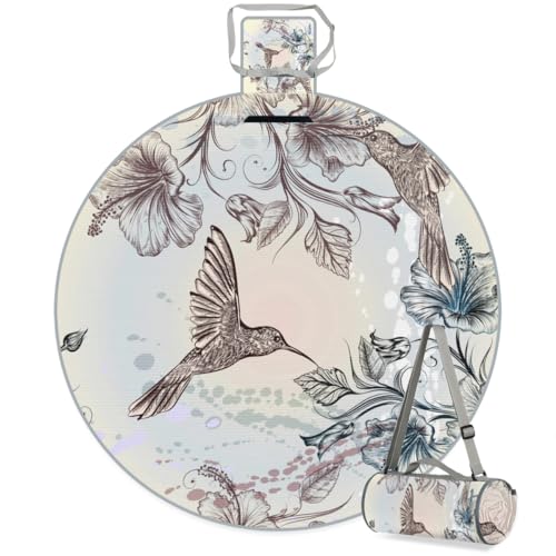 Shimoshe Hibiscus Hummingbird Picnic Outdoor Blanket Foldable Waterproof Sandproof Beach Blanket Portable Water-Resistant Round Picnic Mat for Travel Camping Park Lawn