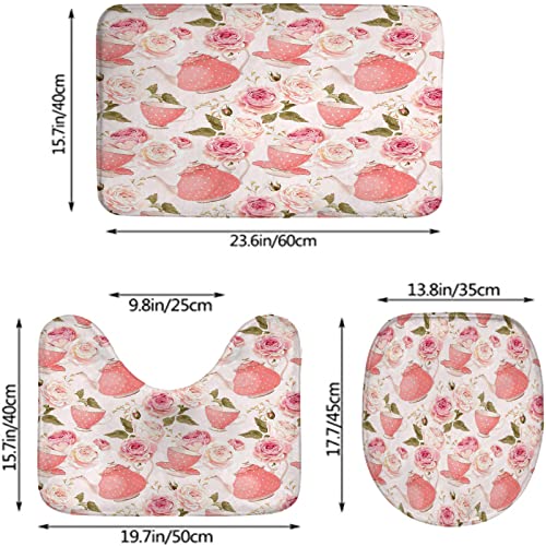 Badezimmerteppich-Set, 3-teilig, Vintage-Stil, Teetassen mit Rosen, Romantisches Shabby-Chic-Design, waschbare Badteppiche, rutschfest, mit Rückenpolster, Konturteppich und Toilettendeckelbezug – Bild 3