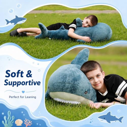 Image of MorisMos 39inch Giant Shark Stuffed Animal Plush, Large Stuffed Shark Toy, Soft Shark Pillow for Kids Boys Girls Birthday Christmas, Blue