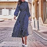 xkun vestiti donna boho lanterna maniche lunghe a polka dot stampato vestito midi donne elegante vintage stand colletto spaccato abito autunno abito femme-blue,m