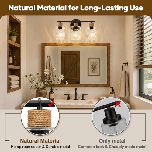 Image of MOKATNG Bathroom Light Fixtures, 3-Light Coastal Vanity Lights with Crystal Glass Shade, Black Bathroom Wall Lamp for Mirror Kitchen Hallway Cabinet