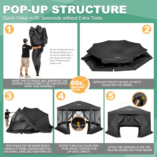 Image of COBIZI 15x15 FT Pop Up Gazebo - Canopy Tent, Large Gazebos On Clearance with Sidewalls, Screened in Gazebo,carpas para Patio,Portable Screen Tents for 12-15 Persons Outdoor Camping, Backyard, Black