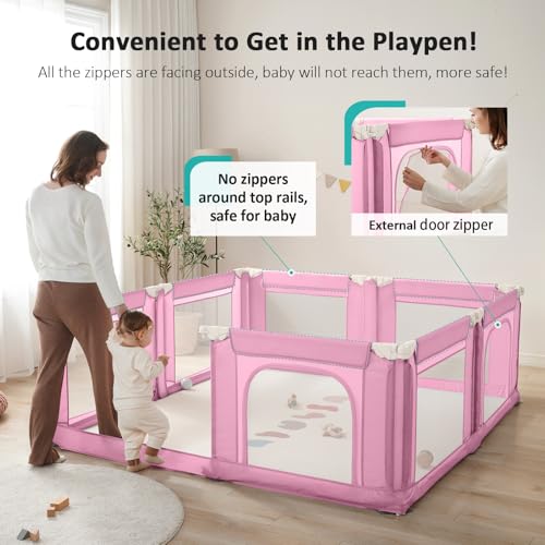 Image of Doradotey Adjustable Baby Playpen with Adult Door, Foldable Large Playpen for Babies and Toddlers, Breathable Mesh Indoor Baby Playard, Safe Fence, 79 x 71 Inch, Pink