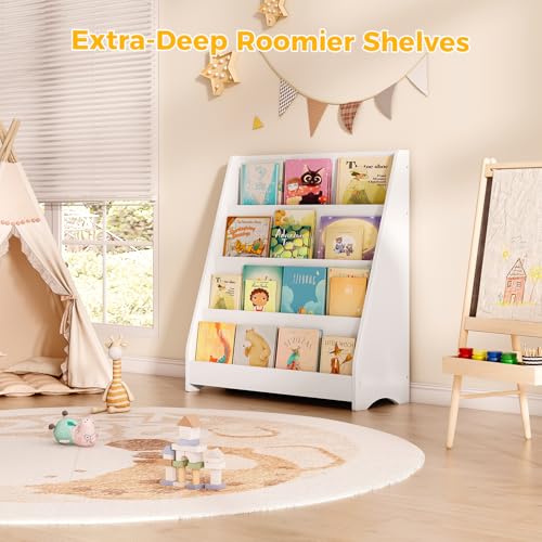 Image of Tatub 4 Tier Kids Wooden Bookshelf, Toddler Sling Bookcase Montessori Bookshelf, Children Front Facing Book Shelf for Nursery, Playroom and Classroom, White