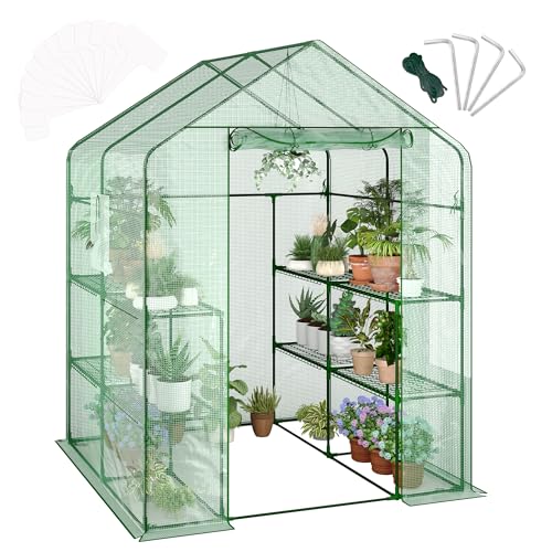 GarveeLife Greenhouses for Outdoors with 12 Wire Shelves, 4.7 x 4.7 x 6.4 ft Portable Greenhouse with Thicken PE Cover, Roll-up Zipper Door, Walk-in Green Houses for Seedling Flowers Growing