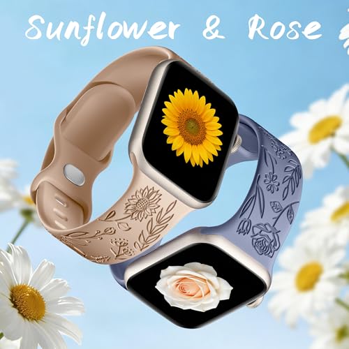 Image of SNBLK 6 Pack Floral Engraved Bands Compatible with Apple Watch Bands 40mm 41mm 42mm 38mm 44mm 45mm 46mm 49mm Women Men, Silicone Flower Pattern Strap for iWatch Series 11 10 Se Ultra 9 8 7 6 5 4 3 2 1